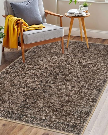3x5 Washable Area Rug for Entryway, Rust Reddish Brown Soft Floral Rug with Non-Slip, Low-Pile Vintage Neutral Area Rugs for Entryway Nursery Bedroom Dining, Dorm Carpet with Non-Shedding