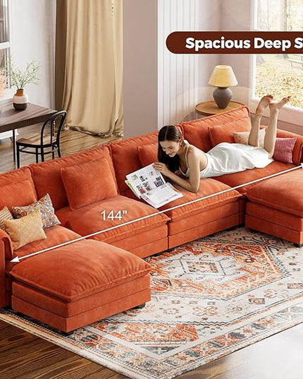ELUCHANG 153" U Shaped Modular Sectional Cloud Couch with Pillow, Deep Seat Sofa Couches for Living Room, 6-Seat Modern Sofa with Movable Ottoman, Chenille Terracotta