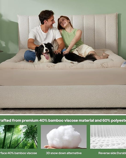 BEDLORE King Mattress Topper Viscose Derived from Bamboo, Thick Pillow Top Mattress Pad with Stretchable Pockets for 6"-18" Mattress, Soft Breathable Mattress Topper for Back Pain Relief(Beige)
