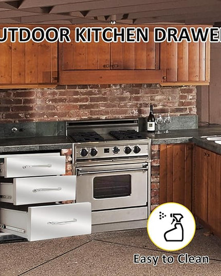 Outdoor Kitchen Drawers 14" W x 21" H x 23" D Flush Mount Triple BBQ Drawers with Chrome Handle Stainless Steel Drawer for Outdoor Kitchen Island, Patio Grill Station