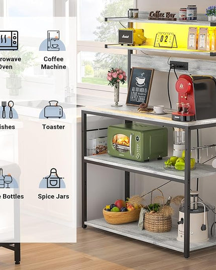 Aheaplus Bakers Rack with Power Outlet, Microwave Stand, 5 Tiers Coffee Bar Station with Led Lights, Kitchen Storage Shelf with 6 S-Shaped Hooks, Kitchen Rack Coffee Bar Stand, White Oak