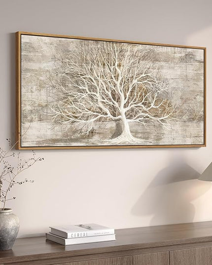 Framed Vintage Tree of Life Wall Art, Neutral Rustic Farmhouse Tree Canvas Painting Print Artwork for Walls, Gray White Beige Modern Abstract Forest Picture for Living Room Bedroom Office Wall Decor