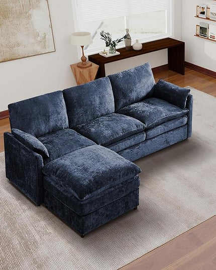 Tbfit Living Room Furniture Set, Standard Sofa & Ottoman, Modern Comfy Cloud Sofa Set, Spring Seat Cushions, Chenille, Blue