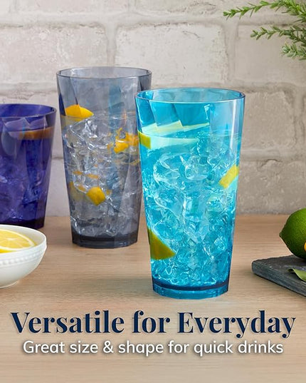 US Acrylic Optix Plastic Reusable Drinking Glasses (Set of 16) 14oz Rocks & 20oz Water Cups in Coastal Colors | BPA-Free Tumblers, Made in USA | Top-Rack Dishwasher Safe