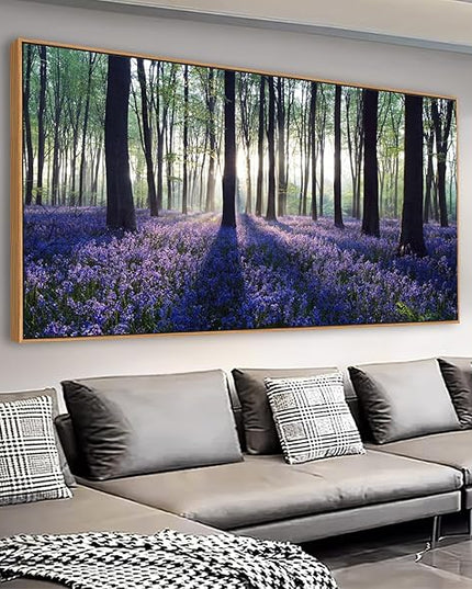 yearainn Framed Lavender Forest Wall Art – Purple Lavender Field with Sunlight through Trees Canvas Picture, Nature Landscape Painting Artwork for Home Wall Decor, Natural Wood Frame, 24" x 48"