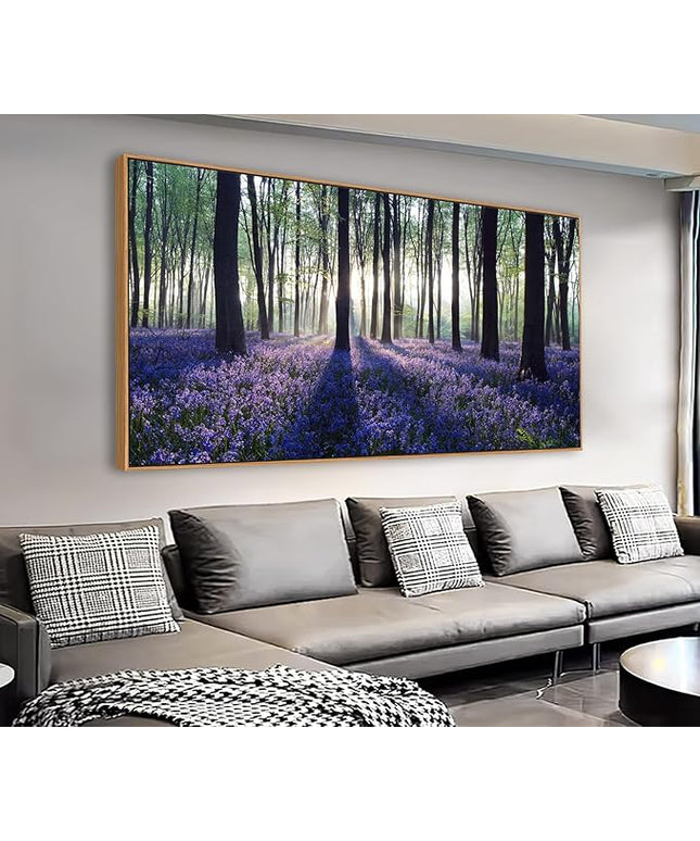 yearainn Framed Lavender Forest Wall Art – Purple Lavender Field with Sunlight through Trees Canvas Picture, Nature Landscape Painting Artwork for Home Wall Decor, Natural Wood Frame, 20" x 40"