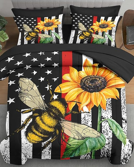 Comforter Set Twin Size, Honey Bee Vintage 5 Pcs Bedding for Kids and Adults, Sunflower Flower Sun Bed Sheet Sets with Fitted Sheet Pillowcase & Sham for Bedroom Bed Decor