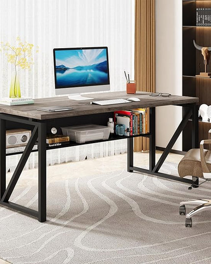 Tribesigns 55 inches Computer Desk with Bottom Storage Shelf Home Office Desk Writing Table for Workstation,Dark Walnut + Steel Leg， Cabinet not Included (Dark Oak, 55-inch -with Shelf)