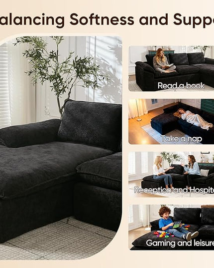 105.6”L Shape Modular Sectional Couch for Living Room, Modern Cloud Sectional 3 Seat Sofa with Oversized Chaise, Woven Texture Upholstery Boneless Couch (Black, Left Facing Chaise)