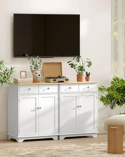 HOMCOM Sideboard Buffet Cabinet with Solid Wood Countertop, Modern Kitchen Storage Cabinet, Coffee Bar Cabinet with 2 Drawers, Doors and Adjustable Shelf, White