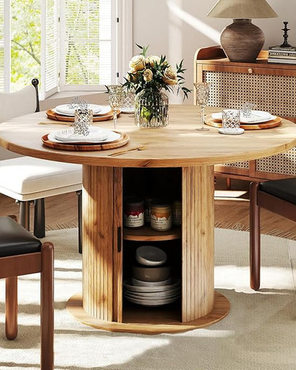 Round Table with Storage,47" Storage Kitchen Table for 4-6 People with Curved Sliding Door Fluted Wood Coffee Table Thickened Tabletop for Dining Room/Kitchen/Living Room,Oak Color