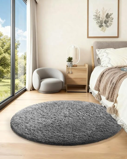 Ophanie Round Rugs 3Ft Grey Circle Area Rug,Christmas Room Decor, Aesthetic Nursery Bedroom Carpet, Fluffy Fuzzy Plush Soft Shaggy Gray Living Room Rugs for Kids Boys Girls Teen Baby Home, Dorm