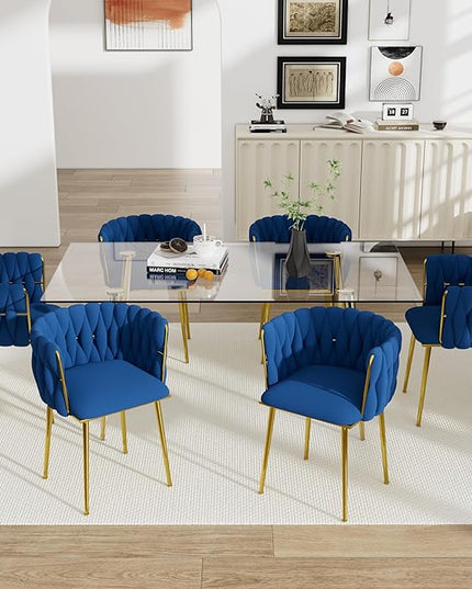 Golden Glass Dining Table Set for 6, 7 PCS Clear Minimalist Glass Top Dinner Table Set, 63'' Modern Luxury Rectangular Kitchen Table Set with Navy Blue Woven Chair, for Home Large Living Room