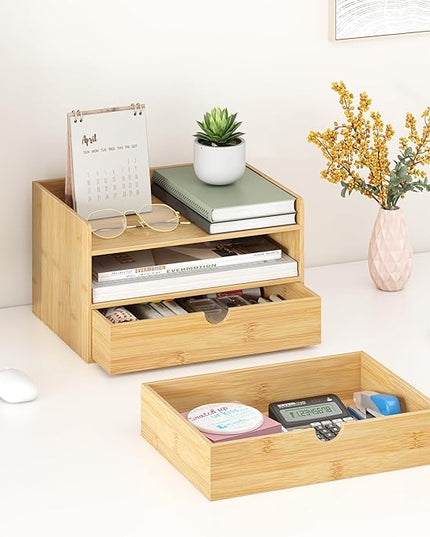 Wisuce Bamboo Desk Organizer - Mini Bamboo Desk Drawer Tabletop Cosmetic Storage Organization for Office or Home (Nature 2 Drawers)