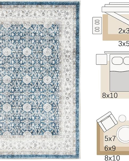 jinchan Floral 6x9 Area Rug for Living Room - Machine Washable Vintage Distressed Boho Design Throw Rug Stain Resistant Carpet Low-Pile Thin Non-Slip for Bedroom Dining Room Nursery (6‘x9', Dark Blue)