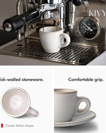 KIVY 3 oz Espresso cups set of 4 - Thick walled stoneware espresso cup set - Italian style espresso cups and saucers - Demitasse cups set of 4 - Small coffee mugs - Demitasse cups and saucers sets
