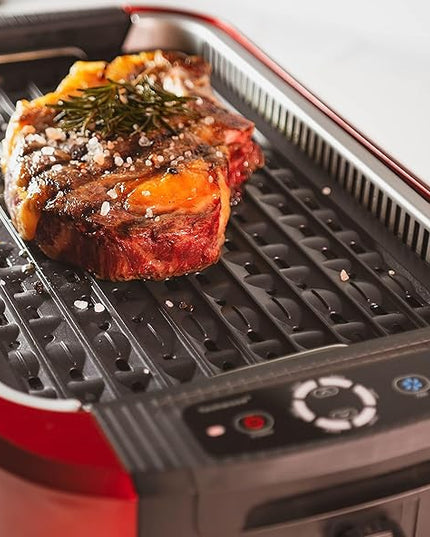 Indoor Smokeless Grill, Techwood 1500W Electric Indoor Grill with Tempered Glass Lid, Portable Non-stick Korean BBQ, Turbo Smoke Extractor Technology, Drip Tray& Double Removable Plate, Red