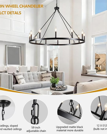 Black Wagon Wheel Chandelier 38 inch,12-Light Farmhouse Wagon Wheel Chandeliers Round Industrial Ceiling Rustic Country Light fixtures for Outdoor Porch high Ceilings Living Dining Room Foyer Entryway