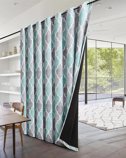 Beauoop 100% Blackout Curtains 84 Inches Long for Patio Sliding Door Aqua Grey Extra Wide Moroccan Geo Room Darkening Thermal Soundproof Room Divider Grommet Window Treatment Drapes,100x84 Set of 1