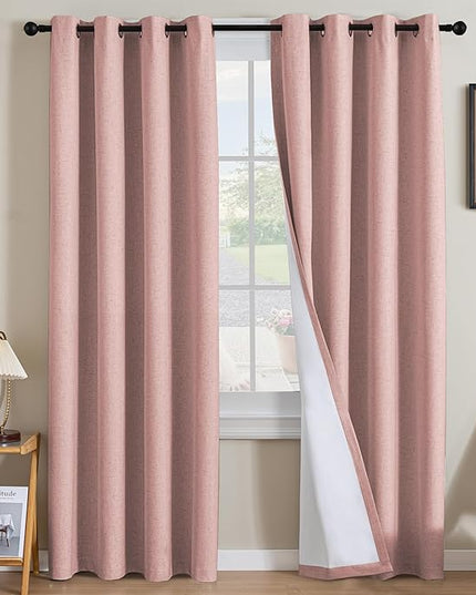H.VERSAILTEX Linen Curtains 100% Blackout Curtains for Bedroom 96 inch Long Full Light Blocking Nature Linen Blended Window Curtains for Living Room Nickel Grommet (2 Panels, Heathered Baby Pink)