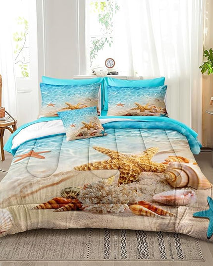 Bedbay Beach Comforter Sets Queen Size 8 Pieces Beachy Bedding Set Turquoise Comforter Set with Sheets Beach Themed Bedding Ultra Soft Bed in a Bag Queen for All Season(Teal,Queen)