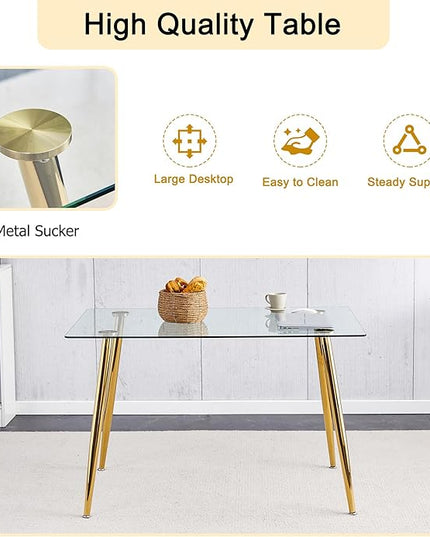 Gold Glass Dining Room Table Set for 6, 51'' Modern Luxury Rectangular Dinner Table Set, 7 Pieces Clear Glass Top Minimalist Kitchen Table Set, Ivory Woven Dining Chair for Home Small Place