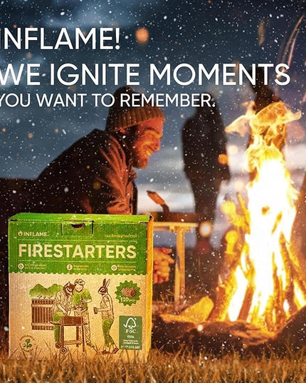 Inflame Fire Starters 130 pcs Fire Starters for Campfires, Grill, BBQ, Fireplace, Woodstove - Charcoal Starter - Waterproof, Weather-Resistant - Natural Wood Fireplace Starters