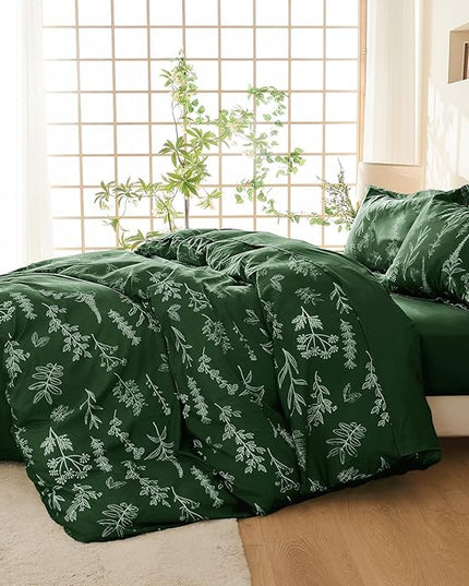 MUXHOMO Dark Green Full Comforter Set, Elegant Floral Print Bed in a Bag 7 Pieces, Ultra Soft & Breathable Reversible Botanical Pattern Bedding Set with Comforter, Sheets, Pillowcases, and Shams