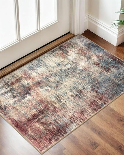 IOHOUZE Small Abstract Area Rug 2x3 Ft Entryway Rugs Washable Door Mat Indoor Entrance, Rubber Backed Throw Rugs, Printed Faux Wool Non Slip Floor Carpet for Foyer Front Door Sink, Red/Multi