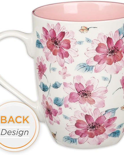 Christian Art Gifts Inspirational Ceramic Coffee & Tea Mug for Women: Strength & Dignity Encouraging Bible Verse Proverb, Microwave & Dishwasher Safe Drinkware, White, Pink & Fuchsia Floral, 12 oz.
