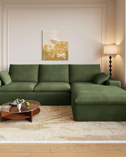 107" Cloud Couch Modular Sectional Sofa for Living Room, L-Shape Boneless Couch with Deep Seat, Modern Corduroy 3-Seater, No Assembly Required (Green,Right-Facing Chaise)