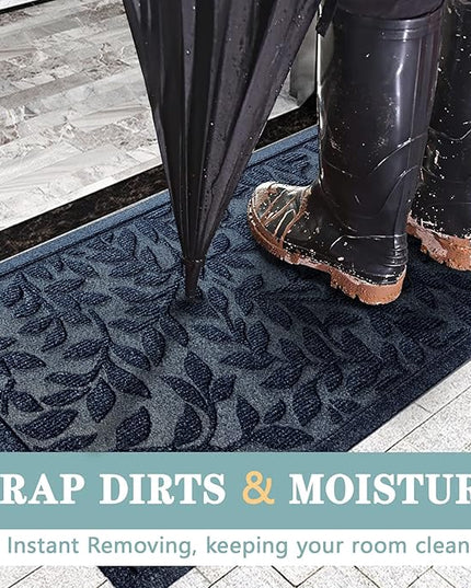Bulijojo Sturdy Front Entrance Doormats,Durable Heavy Duty Welcome Mat,Thick Absorbent Natural Rubber Non Slip Mat,Easy Clean Entryway Mat Leaves Blue, 47" x 32"