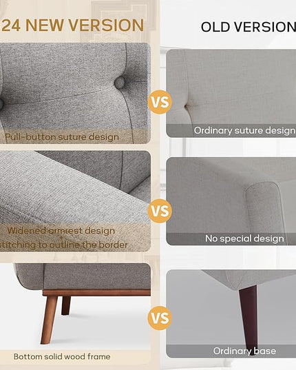 HUIMO Sofa Couch, Mid Century Modern Sofa with Solid Wood Frame, Button Tufted Couch for Bedroom, Living Room, Office, Apartment (Dark Grey, 60 inch)
