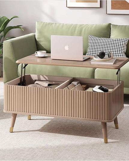 Lift Top Coffee Table with Storage, Mid Century Modern Coffee Table with Solid Wood Legs, 38" Minimalist Fluted Center Table for Living Room, Home Office, Natural Oak