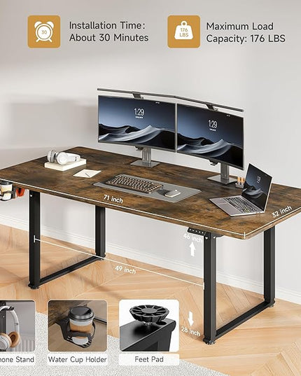 71x32 Inch Adjustable Standing Desk with 4 Legs, Stand-up Desk Features a Rectangular Top, Dual-Motor Lift, and Memory Presets (28-46Inch) for Home Offices or Computer Workstations, Rustic Brown