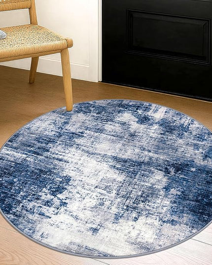 IOHOUZE Round Area Rug 3 Ft Circle Entryway Rugs Round Washable Door Mat Indoor Entrance, Non Slip Circle Front Door Rug, Printed Abstract Faux Wool Floor Carpet for Foyer Porch Sink, Navy/Grey