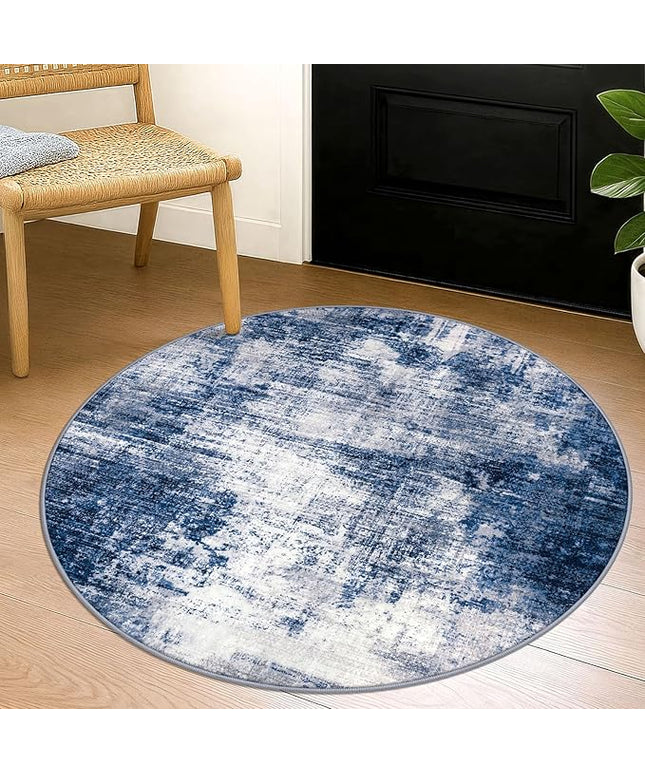 IOHOUZE Round Area Rug 3 Ft Circle Entryway Rugs Round Washable Door Mat Indoor Entrance, Non Slip Circle Front Door Rug, Printed Abstract Faux Wool Floor Carpet for Foyer Porch Sink, Navy/Grey