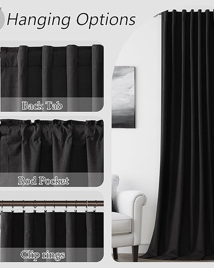 Guken Black Linen Blackout Curtains 90 Inch Length 2 Panels Set for Living Room Bedroom Back Tab Thermal Insulated 100% Black Out Linen Drapes Room Darkening Window Curtains 90 Inches Long