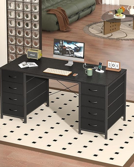 50 Inch Computer Desk with 8 Drawers, Home Office Desk with Power Outlets, Work Study Gaming Desk with 8 Fabric Drawers, Black
