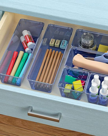 WOWBOX 9 Pack Clear Drawer Organizer Set, Acrylic Drawer Storage Trays, Storage Bins for Makeup, Cosmetics, Jewelries, Utensils, Gadgets, Office, Dark Blue