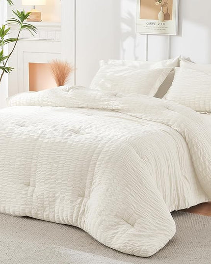 HYMOKEGE Ivory Full Size Comforter Sets Seersucker 7 Pieces, All Season Luxury Bed in a Bag for Bedroom, Bedding Set with Comforters, Sheets, Pillowcases & Shams