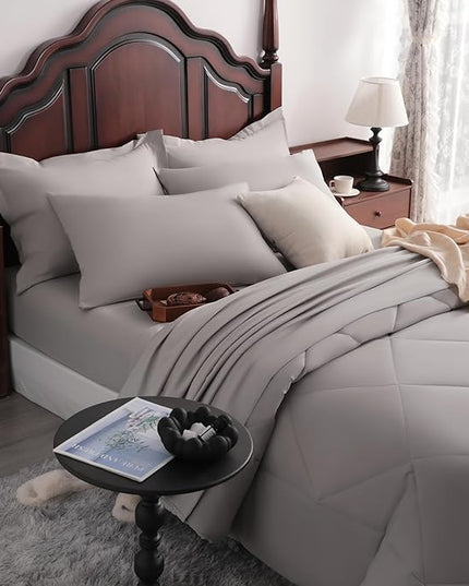 NTBAY King Comforter Set with Sheets, 7 Pieces Soft and Breathable King Bedding Set, Bed in a Bag, Down Alternative Comforter Set Solid Color All Season, Smoke Grey