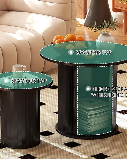 COSVALVE Nesting Coffee Table Set of 2 with Hidden Storage & Sliding Door, Circle Wood Coffee Table, Farmhouse Side & End Table Sets for Living Room, Small Spaces, Black