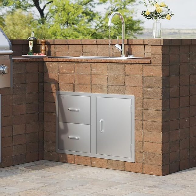 VEVOR Outdoor Kitchen Door Drawer Combo, 32.5" Wx21.7 Hx20.5 D, Access Door Double Drawers with Paper Towel Rack, BBQ Island Drawers with Stainless Steel Handles, 30.7" Wx20 Hx21 D Cutout Size