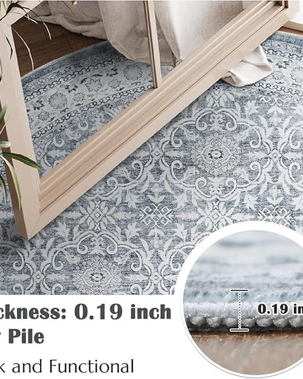 jinchan Round Rug 8ft Washable Circle Soft Rug - Low Pile Vintage 8'Round Indoor Grey Floral Print Stain Resistant Boho Carpet Ultra-Thin Non-Slip for Living Room Bedroom Dining Room Kitchen
