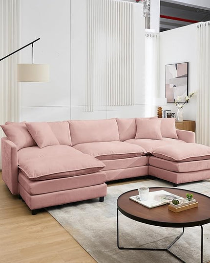 Modular Sectional Sofa, 108.27'' Modern Sleeper Couch with 3 Seat & 2 Ottoman & 3 Pillows Sofa Set, Comfy Cloud Couches with Movable Ottoman Deep Seat Sofa for Living Room,Chenille (Pink, U Shaped)