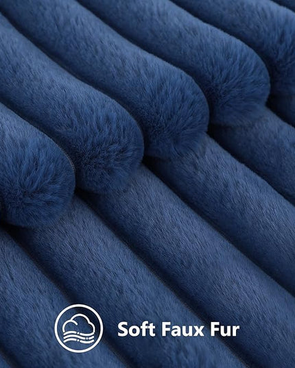 decorUhome Faux Fur Spring Throw Pillow Covers 12x20 Set of 2, Decorative Soft Plush Striped Lumbar Neutral Couch Euro Pillow Covers with Velvet Back for Sofa, Bed, Living Room Home Decor, Blue