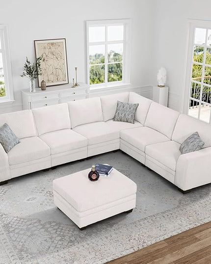 Legend Vansen Oversized Modular Sectional Sofa,7 Seat U Shaped Couch with Ottoman,Corduroy Sofa with Deep Seat,Convertible Large Sectional Couches for Living Room(Cream, L-7)