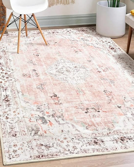MUJOO Boho Area Rug 3'x5' Machine Washable, Pink Small Non Slip Area Rugs for Entryway Bedroom Bedside Kitchen Hallway Living Room Laundry Room Indoor Mat Soft Low-Pile Floral.
