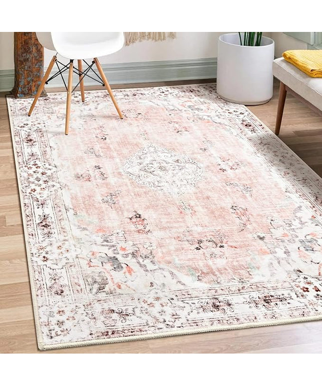 MUJOO Boho Area Rug 3'x5' Machine Washable, Pink Small Non Slip Area Rugs for Entryway Bedroom Bedside Kitchen Hallway Living Room Laundry Room Indoor Mat Soft Low-Pile Floral.